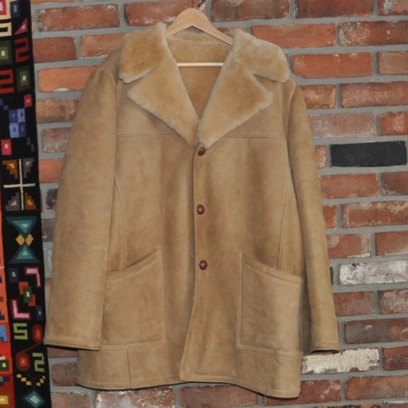 Tan Shearling Sheepskin Leather Wool Winter Rancher Coat Jacket Marlboro Man 46 - Picture 1 of 3